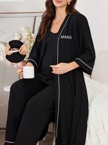 Moonlight&Mama Maternity 3 Pieces Set: Contrast Trim Letter Embroidered Robe With Adjustable Strap Cami Top And Long Pants Sleepwear, Clothes, Cozy Outfit, Fall & Winter - Black - View 1