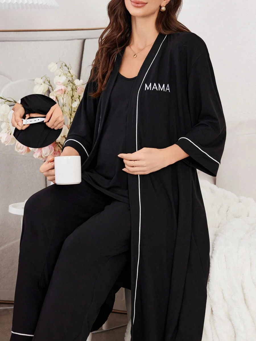 Moonlight&Mama Maternity 3 Pieces Set: Contrast Trim Letter Embroidered Robe With Adjustable Strap Cami Top And Long Pants Sleepwear, Clothes, Cozy Outfit, Fall & Winter - Black - View 1