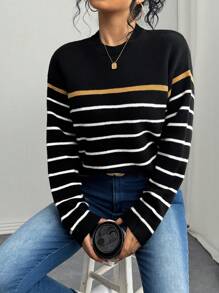 SHEIN Unity Women's Classic Casual Slouchy Colorblock Striped Knit Sweater, Autumn/Winter Knit Pullover Fall - Black - View 6