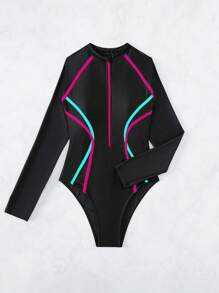 Swim SPRTY Women's Multi-Color Patchwork Long Sleeve Zip Up Sporty Swimsuit Summer