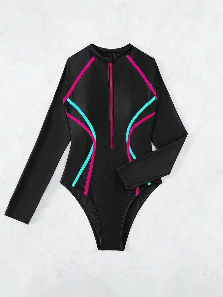 Swim SPRTY Traje de baño deportivo con cierre de cremallera de manga larga con patchwork multicolor para mujer para el verano - Negro - Añade 6