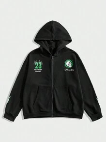 Manfinity EMRG Plus Size Men's Spring And Autumn Skull Letter Print Full Zip Hooded Casual Sweatshirt, Going Out Zipper Graphic Long Sleeve Hoodie, For Friends, Husband, Boyfriend Gifts