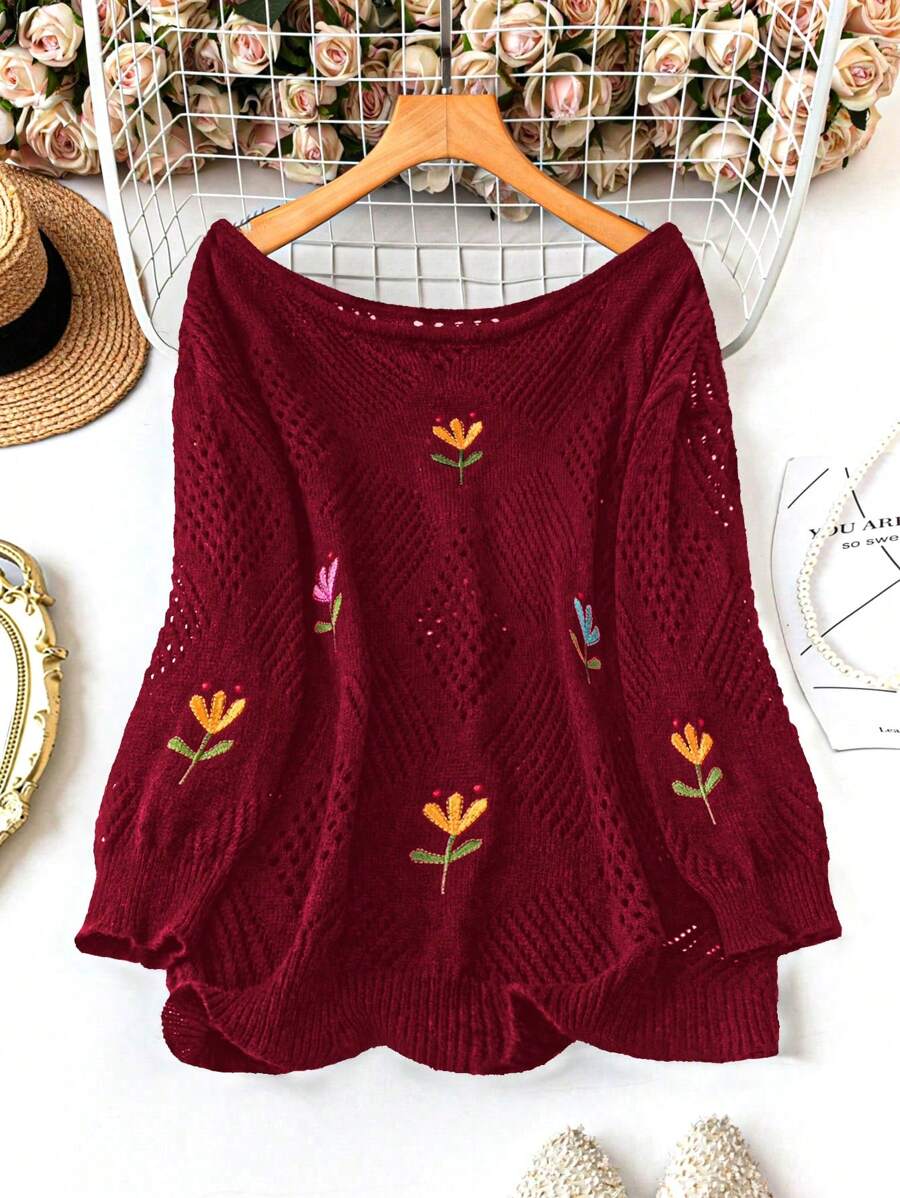 SHEIN LUNE Plus Size Casual Floral Embroidery Loose Hollow Knitted Sweater, Autumn/Winter Fall - Burgundy - View 1