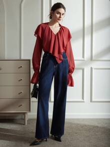 Aveloria Rosie Blusa de mujer con cuello de volantes de gasa, escote en V y manga larga, para fiestas y vacaciones