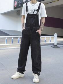 Manfinity Homme Men's Wide Strap Button Pocket Simple Casual Denim Bib Overalls