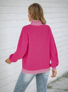 SHEIN LUNE Femmes pull décontracté rose fuchsia à manches longues avec blocs de couleurs pour l'automne/l'hiver - Rose vif - Voir 2
