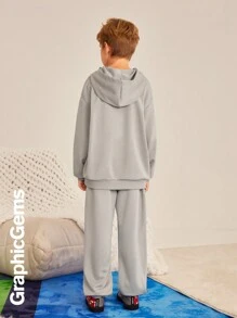 2pcs Tween Boy Set: Hoodie With Letter Pattern And Pants - Grey - View 2