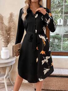 EMERY ROSE Vestido elegante de manga larga hasta la pantorrilla con botones en la parte delantera, cinturón y estampado floral para mujer