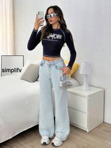 EURMUSE 女式高腰口袋直筒宽松休闲牛仔裤 - 淺色水洗藍 - 查看 5