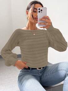 SHEIN LUNE Women's Casual Daily Boat Neck Loose Solid Color Sweater, Autumn/Winter Knit Pullover Fall - Brown - View 4