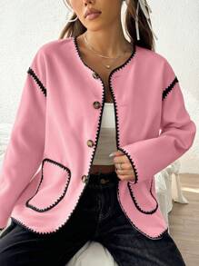 SHEIN EZwear 秋季女士休闲前排扣宽松大衣 - 粉色 - 查看 4