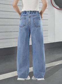 SHEIN Explorewe 青少年女孩 Y2K 休闲复古街头风格重度洗水雪花破洞牛仔裤，适合圣诞节 - 中等水洗藍 - 查看 2