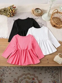 3pcs Baby Girls' Casual Solid Ribbed Top Set, Autumn/Winter - Multicolor - View 2