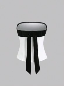 Sweetra Women's Party Crop Tube Top, Bow Decor Contrast Color Fitted Midriff-Baring Sleeve-Less Top, Versatile For All Seasons Y2K - Blue and White - View 2