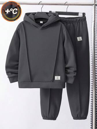 SHEIN 2pcs/Set Tween Boy Casual Shirt & Sweatshirt, Fleece Thickened Outfit For Commuting, School, Leisure Activities, Suitable For Autumn/Winter