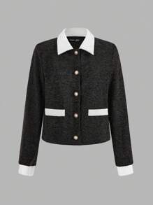 SHEIN LUNE Jaqueta Casual Solta Regular de Mangas Longas com Bloco de Cor e Botão Único para Mulheres no Outono