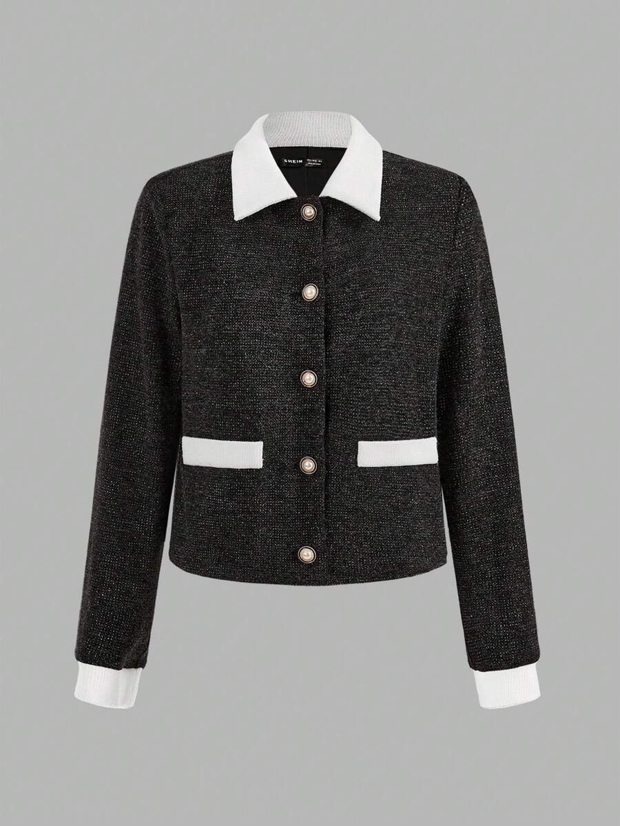 SHEIN LUNE Jaqueta Casual Solta Regular de Mangas Longas com Bloco de Cor e Botão Único para Mulheres no Outono