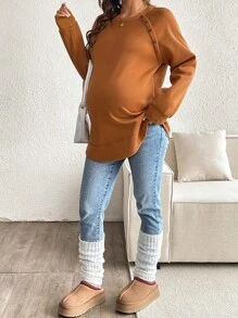 SHEIN 孕妇纯色圆领插肩袖休闲运动衫，秋季，冬季 - 棕色 - 查看 5