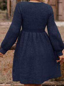 SHEIN VCAY Plus Size Women's Solid Color Round Neck Long Sleeve Waist Fitted Knit Sweater Dress, Autumn/Winter - Navy Blue - View 2