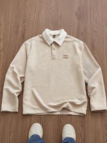 Manfinity VCAY 男士编织时尚休闲日常宽松长袖贴花 Polo 衫，秋冬 - 米色 - 查看 2