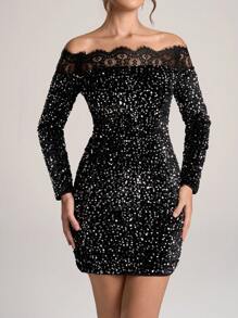 SHEIN Belle 女士露肩长袖蕾丝和亮片装饰休闲派对礼服，黑色 - 黑色 - 查看 5