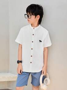 SHEIN Tween Bé Trai Thường Ngày Thoải Mái In Hình Ngựa Áo Sơ Mi Tay Ngắn Và Màu Trơn Quần Short 2 Cái/bộ - Màu xanh bụi bặm - Xem 8