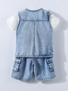 SHEIN Young Boy Casual Tooling Jean Vest & Denim Shorts Denim Outfit