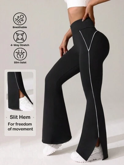 Easithlete 女式不对称腰部侧开衩下摆喇叭形休闲健身运动裤