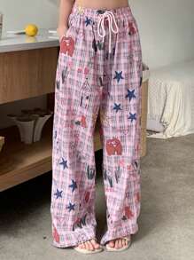 DAZY 格子涂鸦印花宽松直筒睡裤，秋冬款 - 粉色 - 查看 4