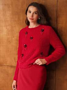 MOTF PREMIUM 亮片花卉拼贴蓬松针织毛衣