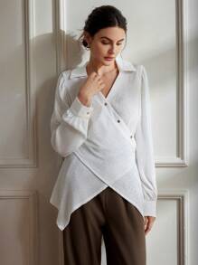 Chiquease 别致不对称下摆开衩裹腰修身 V 领独特纹理面料长袖衬衫优雅商务休闲女士 - 白色 - 查看 3