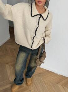 Flirla 1 pieza Cárdigan casual, diario, para ir al trabajo de cuello en V con ribete de contraste, estilo minimalista y holgado para mujer