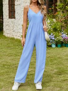 INAWLY 女士简约条纹细肩带连体裤，休闲日常穿着 - 藍色 - 查看 1