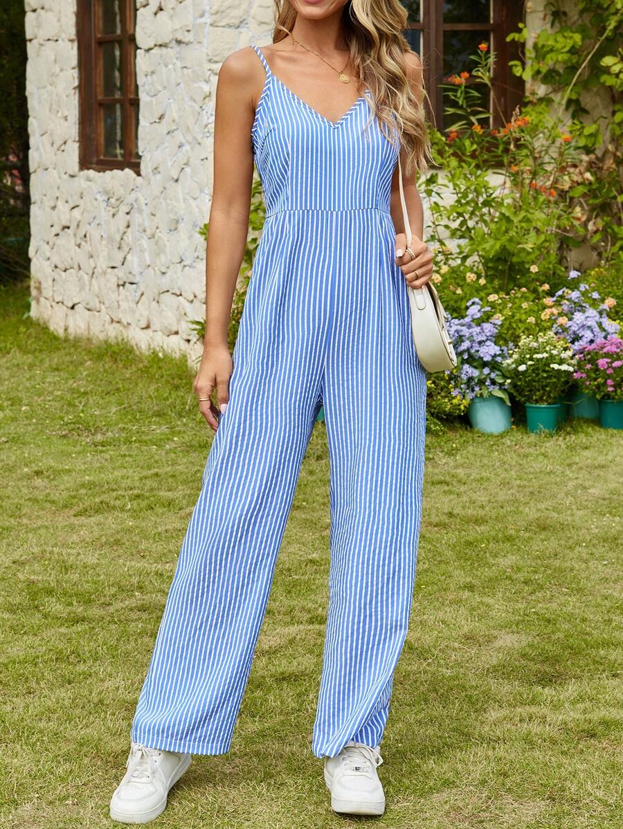 INAWLY 女士简约条纹细肩带连体裤，休闲日常穿着 - 藍色 - 查看 1