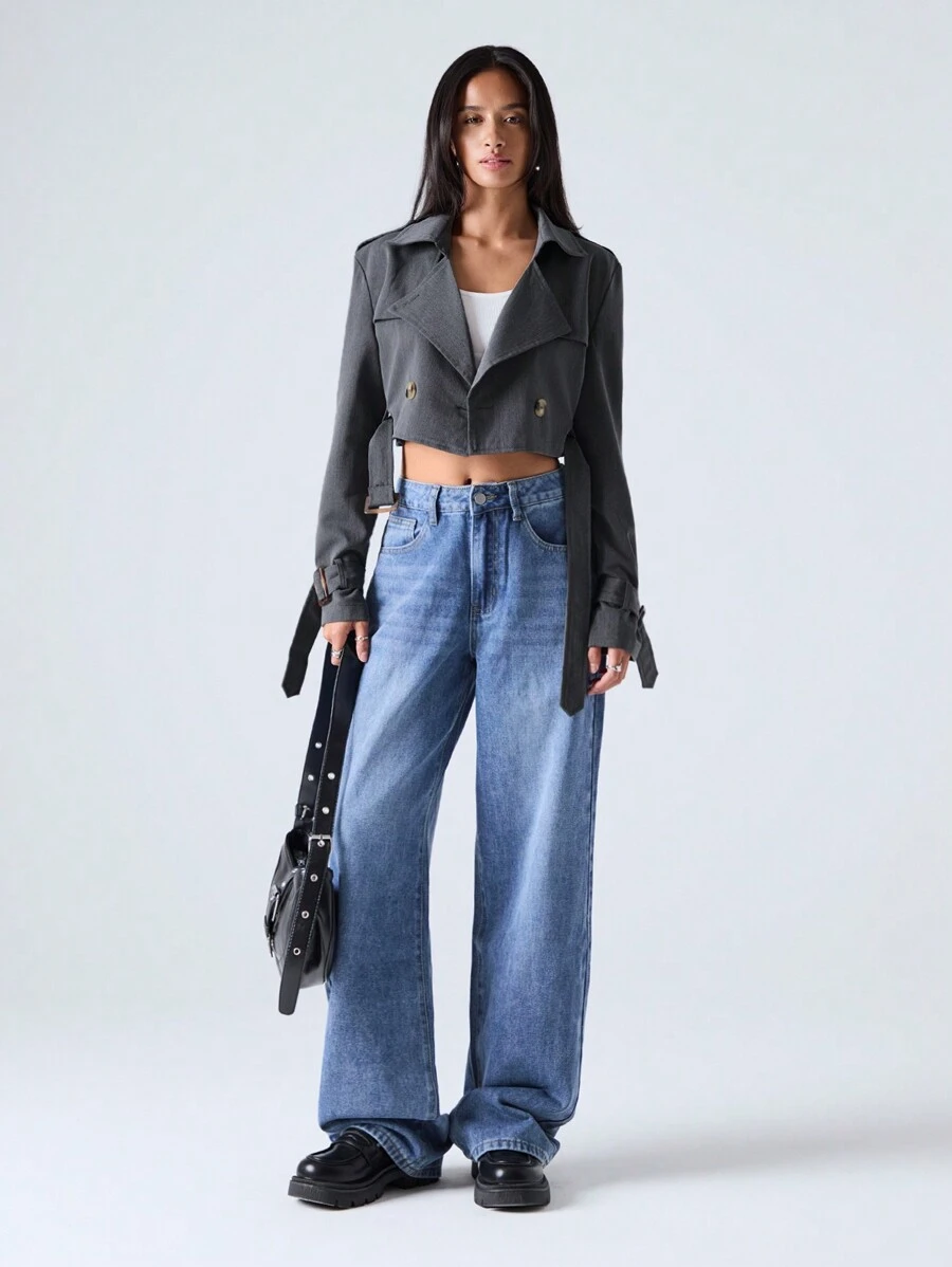 SHEIN EZwear 女士休闲纯色短款风衣，秋季 - 灰色 - 查看 1