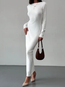 Aloruh New Sexy Open Back Knitted Blend Knit Long Sleeve Sweater Dress, Warm - Beige - View 2