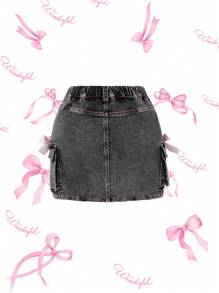 SHEIN 少女街头装甜美可爱粉色蝴蝶结设计纯粉色线条 3D 多口袋黑色牛仔弹力紧身迷你裙 - 黑色 - 查看 2