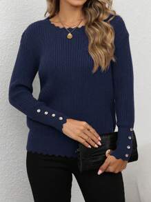 SHEIN Unity Plus Size Solid Color Scallop Trim Long Sleeve Casual Button Decor Sweater, For Winter Knit Pullover Fall - Navy Blue - View 1