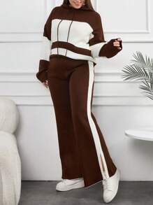 EURMUSE Plus Size Two Tone Drop Shoulder Drawstring Hooded Sweater & Split Hem Knit Pants, For Winter - Multicolor - View 1