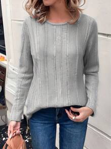 EMERY ROSE Vrouwen Eenvoudige Effen Kleur Ronde Hals Lange Mouw Geribbelde Gebreide Top, Casual Dagelijkse Kleding