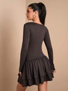 SHEIN BAE Women's Casual Simple Versatile Ruffle Hem Fitted Mini Dress, Autumn/Winter - Brown - View 2