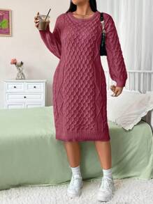 Flirla 大码杏色毛衣裙，简约时尚休闲日常穿着，冬季 - 酒紅色 - 查看 5