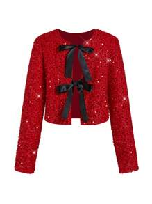 Ellevyn Lace-Up Two-Way Wear Sequin Christmas Jacket, Elegant For Party In Autumn/Winter - Red - View 4