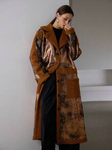 Aveloria Modichic 年轻时尚街头风格纽扣前金箔拼接仿羊羔领超长女士大衣，秋季仿皮飞行员夹克带博格衬里节日派对服装 - 彩色 - 查看 6