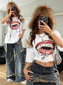 Muchica Áo phông cỡ lớn họa tiết đôi môi của lễ hội âm nhạc Rapper Y2K dành cho nữ màu trắng - trắng - Xem 3