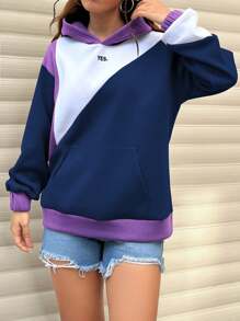 SHEIN Unity Sudadera con capucha casual sencilla de mujer con estampado de letras, manga larga y parches de unicolor