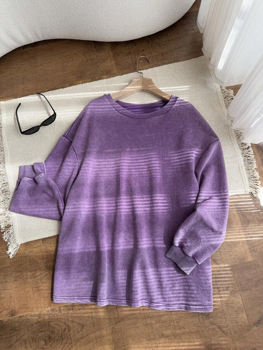 SHEIN EZwear Plus Size Round Neck Long Sleeve Minimalist Sweatshirt, Everyday Casual - Purple - View 1