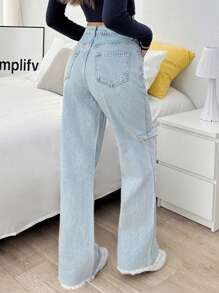 EURMUSE HIGH RISE WIDELEG RIPPED LIGH BLUE JEAN - Light Wash - View 2
