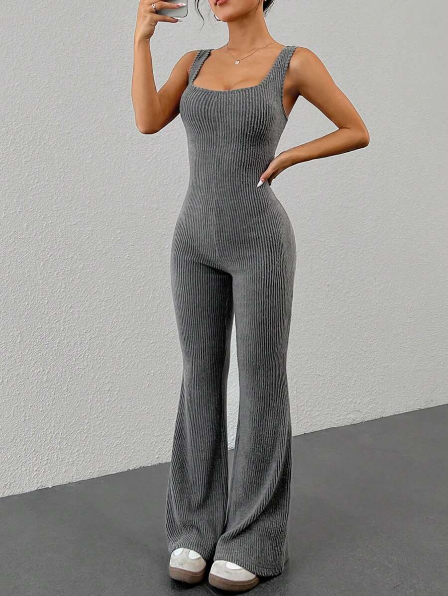 SHEIN EZwear Bộ đồ liền thân cổ vuông có gân màu trơn đơn giản dành cho nữ mặc hàng ngày - Xám - Xem 1