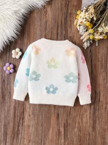 Baby Girls Cute Flower Pattern Crew Neck Long Sleeve Knit Sweater, Winter - Multicolor - View 2